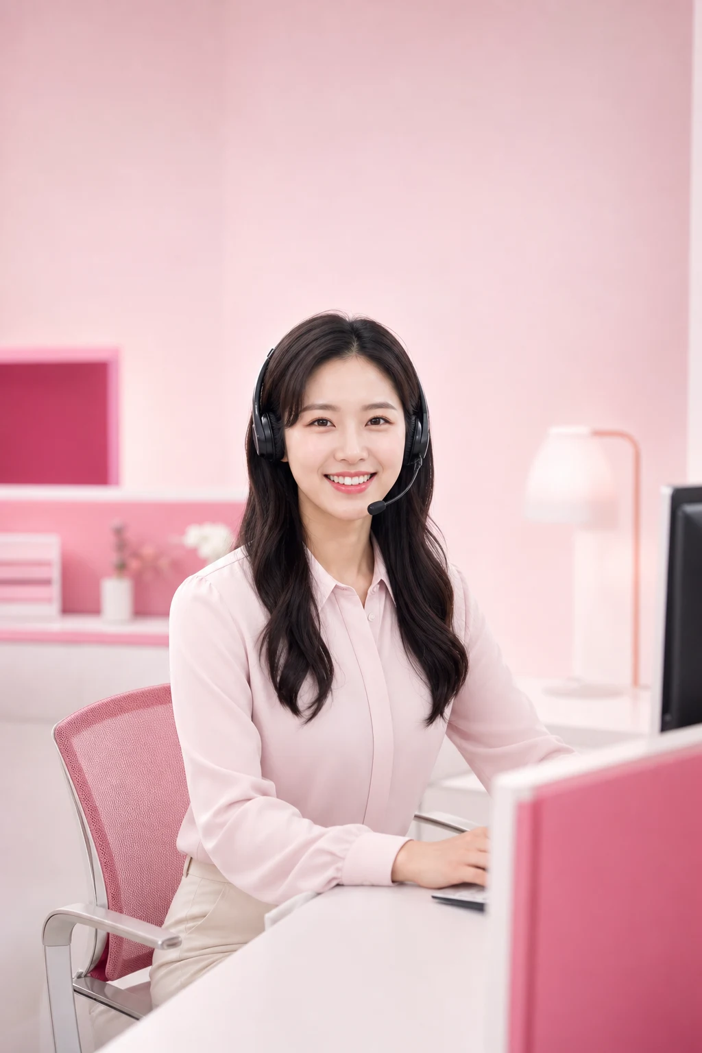 신용카드상품권현금화 다음머니 24시간 전화 문자 상담을 안내하는 헤드셋 여성 상담원 인물